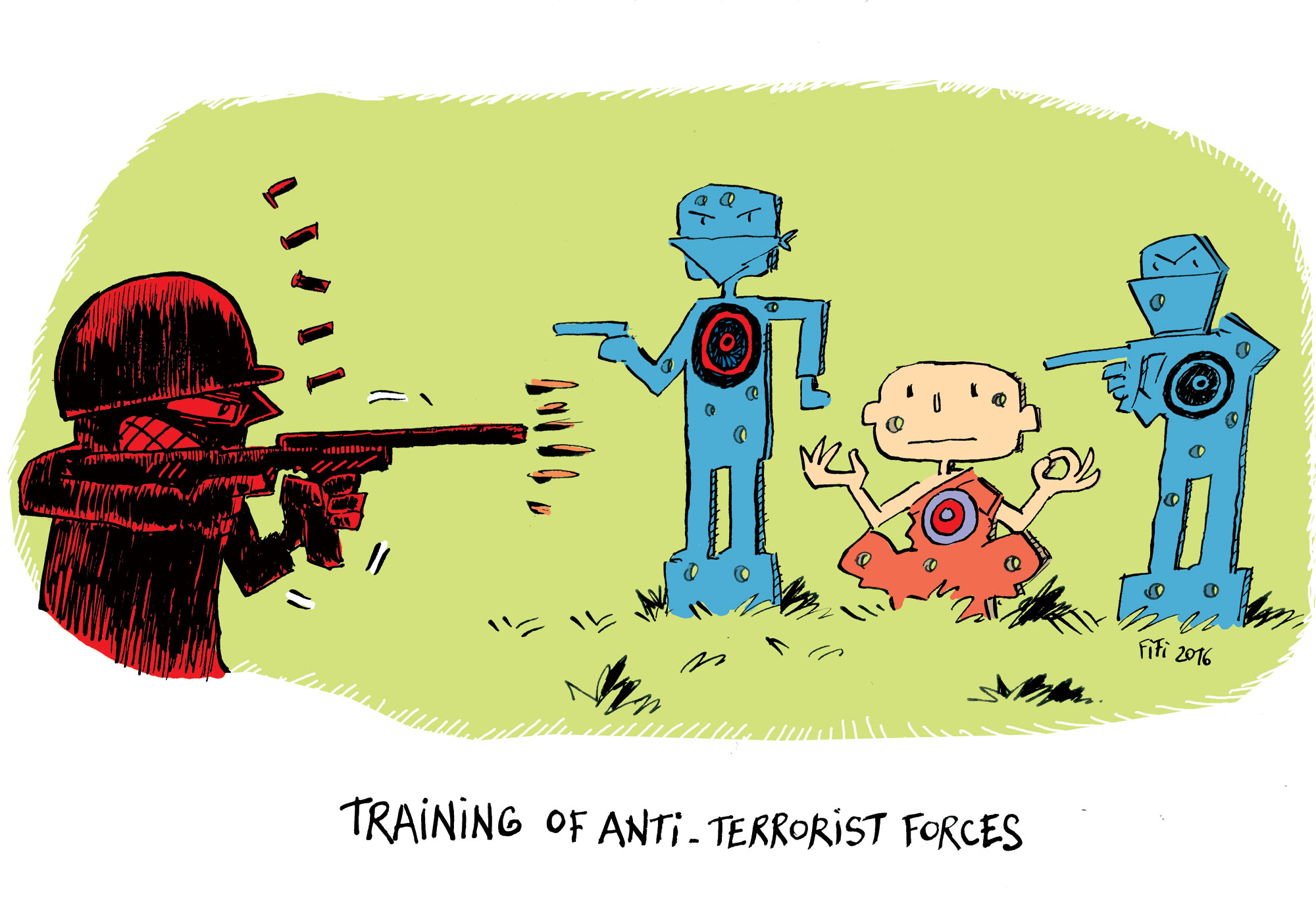 Antiterreur training A cartoon door Belgische kunstenaar Fifi. (Philippe Sadzot) ICT Antiterreurrapport