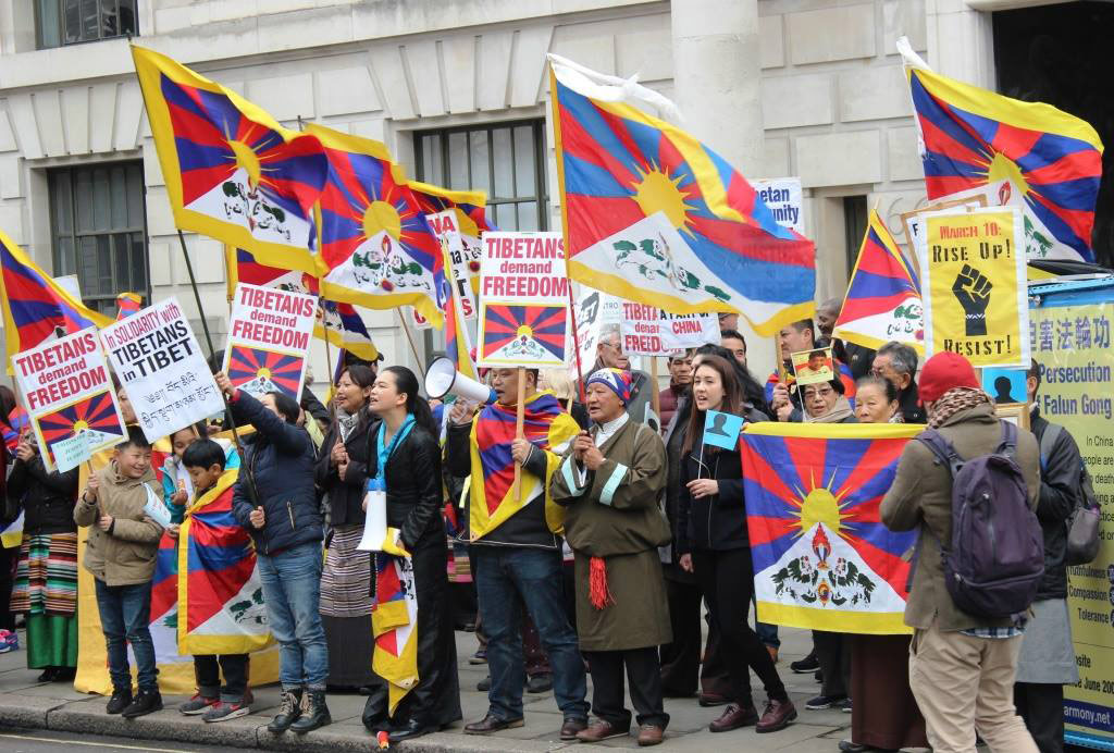 Londen Tibetanen and Tibet supporters tijdens een rally in London. (Photo by UK Tibet Society)