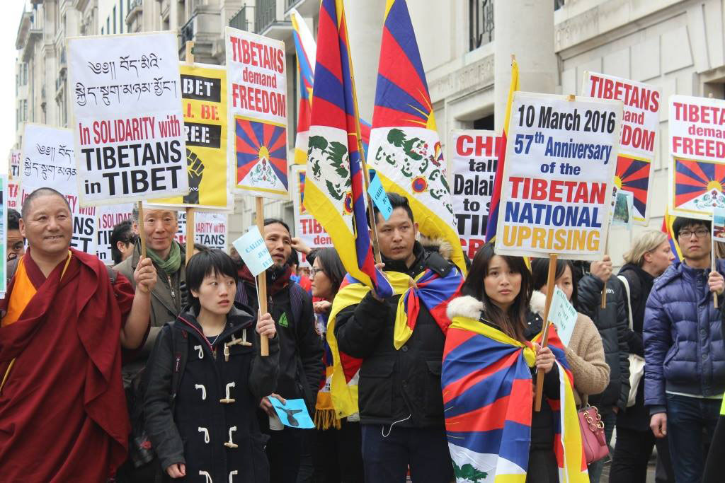 Londen Tibetanen and Tibet supporters tijdens een rally in London. (Photo by UK Tibet Society)
