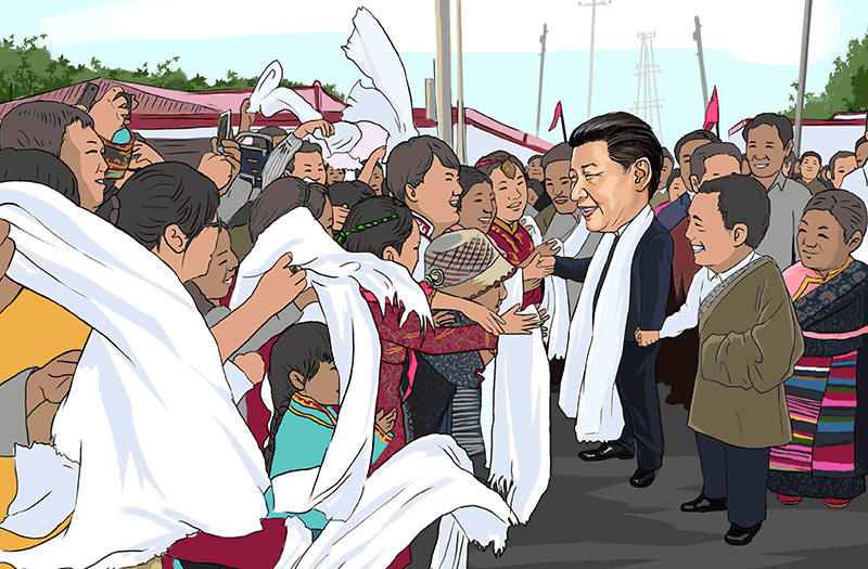 China's Daily publiceerde zelfs een cartoon versie van het het bezoek Xi Jinping in Tibet