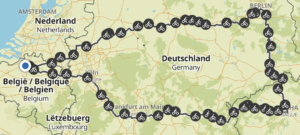 Eva haar route door België, Nederland, Duitsland en Tsjechië.